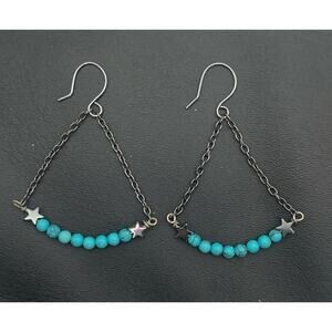 Dark Silver Tone Faux Turquoise With Stars Dangle Boho Southwestern Earrings